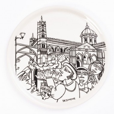 Piatto Pizza Tondo Bianco e Nero Palermo ceramiche de simone Piatto Pizza Tondo Bianco e Nero Palermo ceramiche de simone